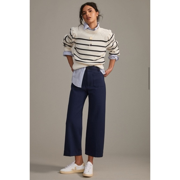 New Anthropologie Maeve Colette Ponte Crop Wide Leg Pants in Navy Blue 27 - Picture 11 of 11